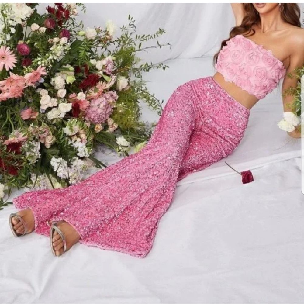 Coord set Pink Floral Applique Tube Top & Sequin Wide Leg Pants Set new wot